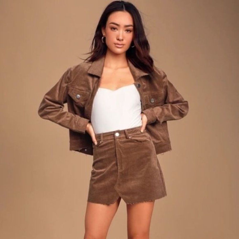 Lulu’s Happy Go Lucky Brown Corduroy Mini Skirt Frayed Hem Large